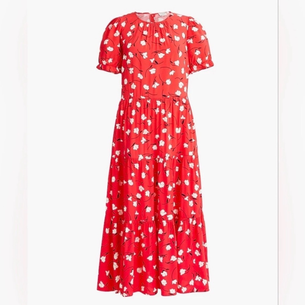 J.Crew Red Floral Midi Summer Dress Puffed Sleeve Tiered Boho Pockets Medium Zip